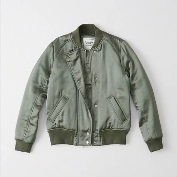 Abercrombie and Fitch Womens Satin Effect Bomber Jacket Size Medium Army Green - Picture 1 of 12